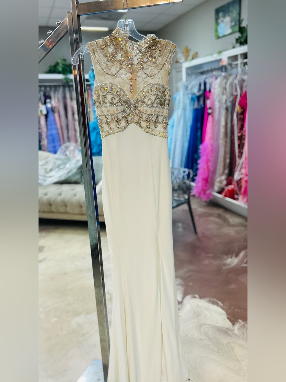 Elegant Ivory Prom Gown with Beaded Bodice